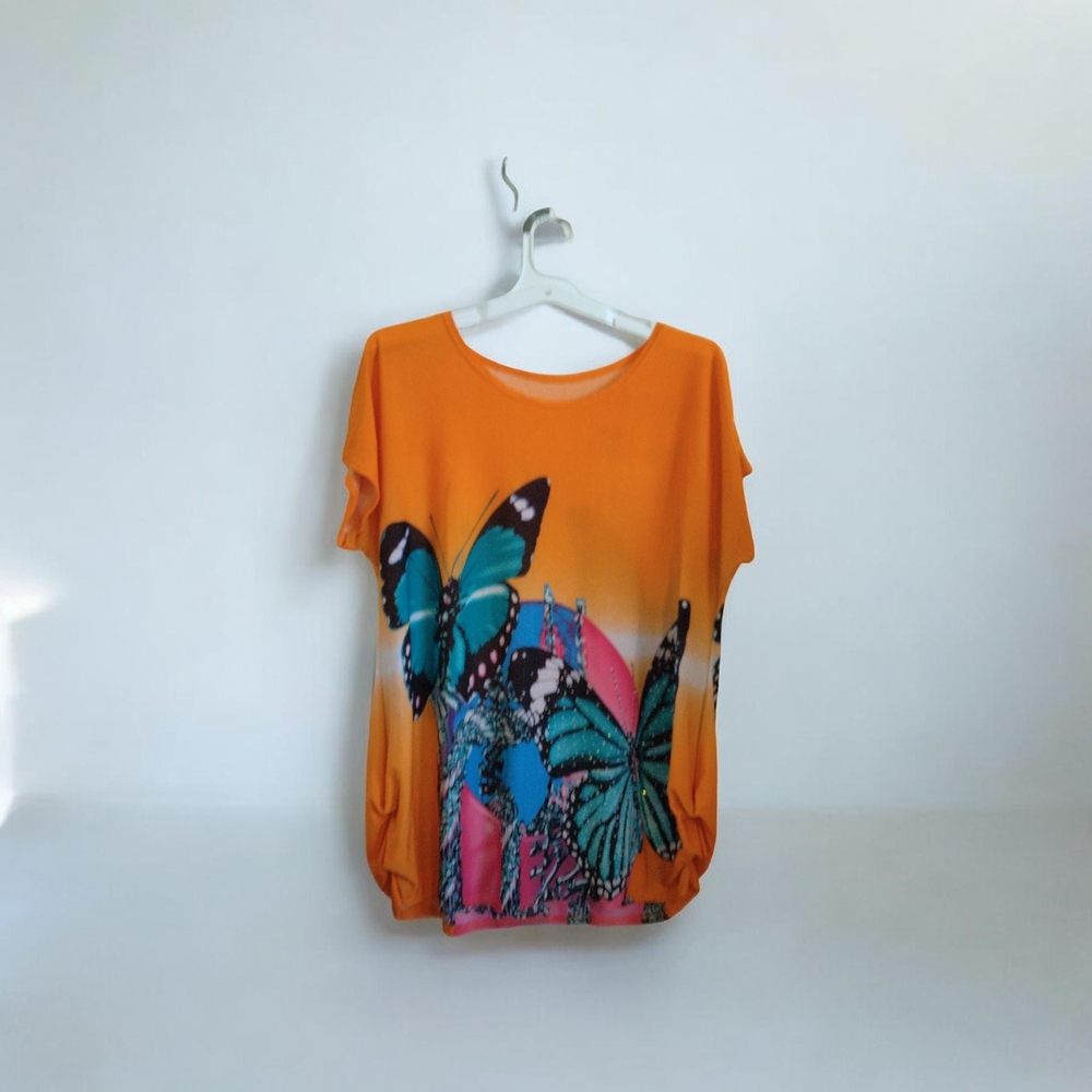 Julia Orange Butterfly Print Women's Blouse.  XL